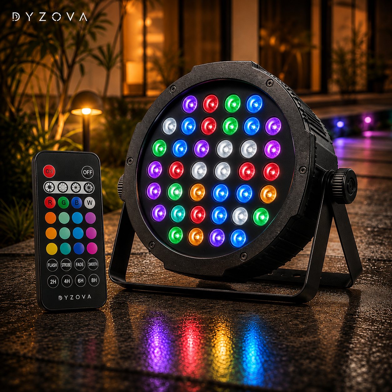 A BYZOVA LED party light stage spotlight with a black metal housing and stand, shown next to its matching remote control. The spotlight features multiple colorful LED lights (red, green, blue, purple, orange, white) in a circular grid.