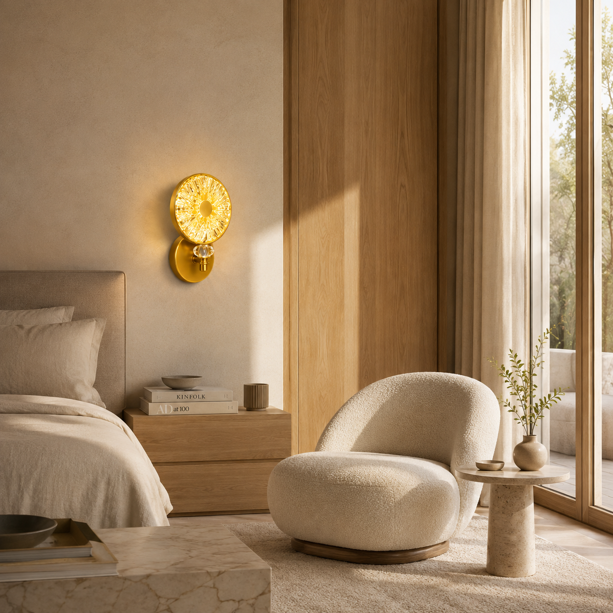 A modern bedroom interior with a warm yellow wall sconce glowing beside a bed, next to a cream boucle armchair and a small side table in a sunlit neutral-toned room.