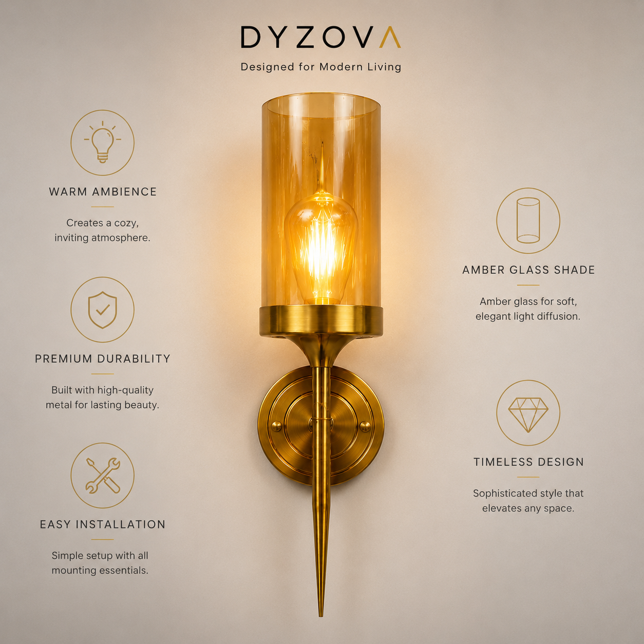 Brushed Gold Wall Sconce | Amber Glass Cylinder Shade | E27 Indoor Wall Light