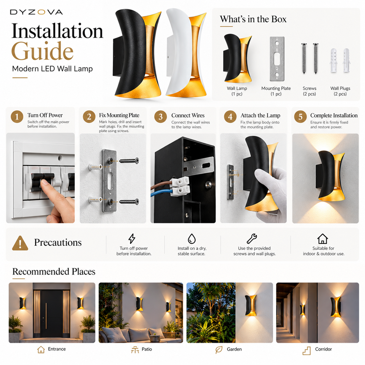 Installation guide infographic for the DYZOVA Modern LED Wall Lamp, showing the product, its contents, step-by-step installation instructions with a hand, precautions, and recommended outdoor wall mounting locations.