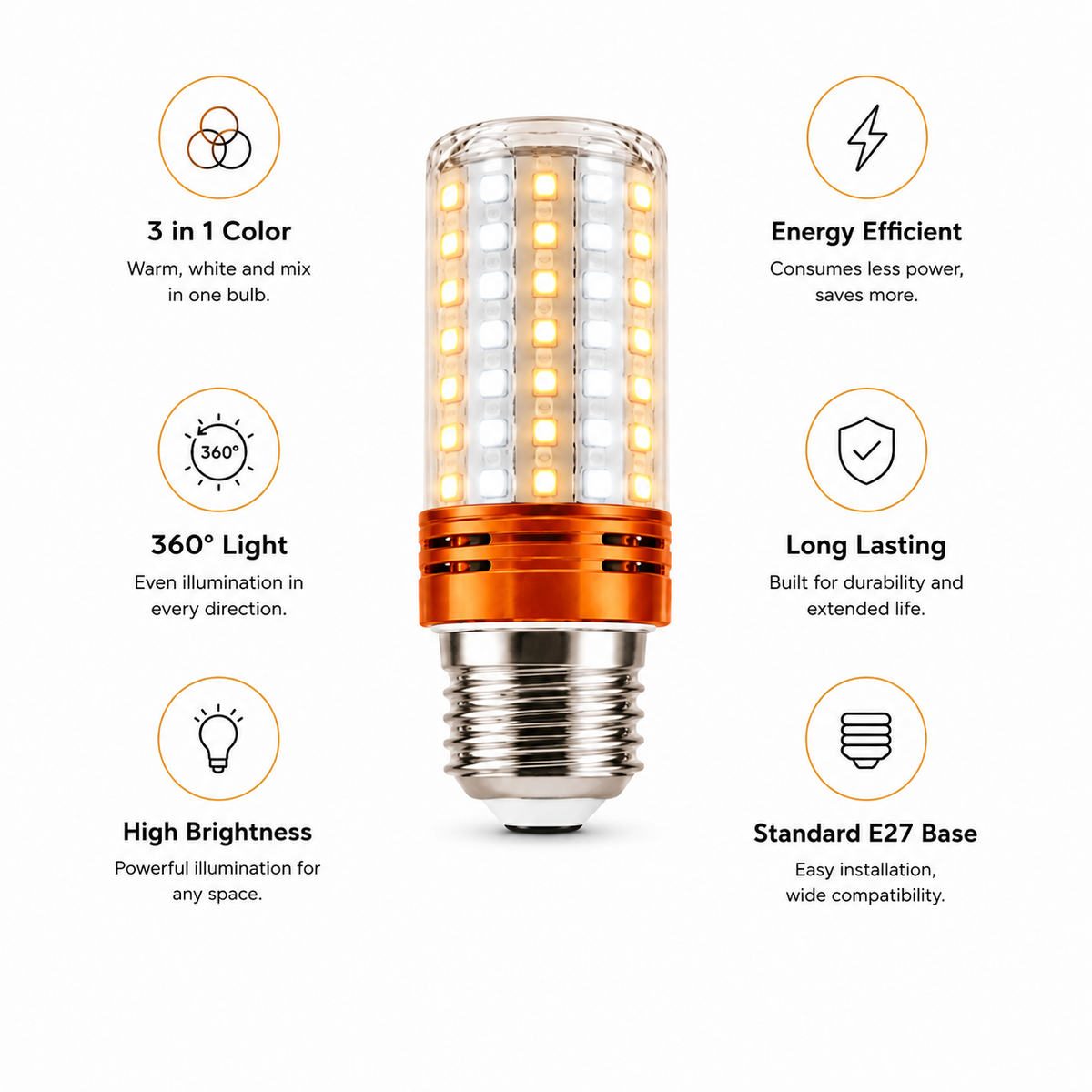 3-in-1 Tricolor E27 LED Corn Bulb | Warm White, Cool White & Mixed