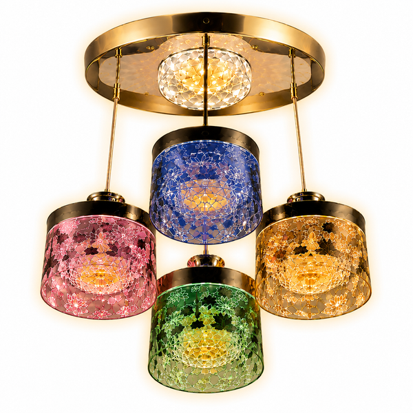 Multicolour 4-Light Pendant Chandelier | Crystal-Style Cylindrical Shades | LED Ceiling Light