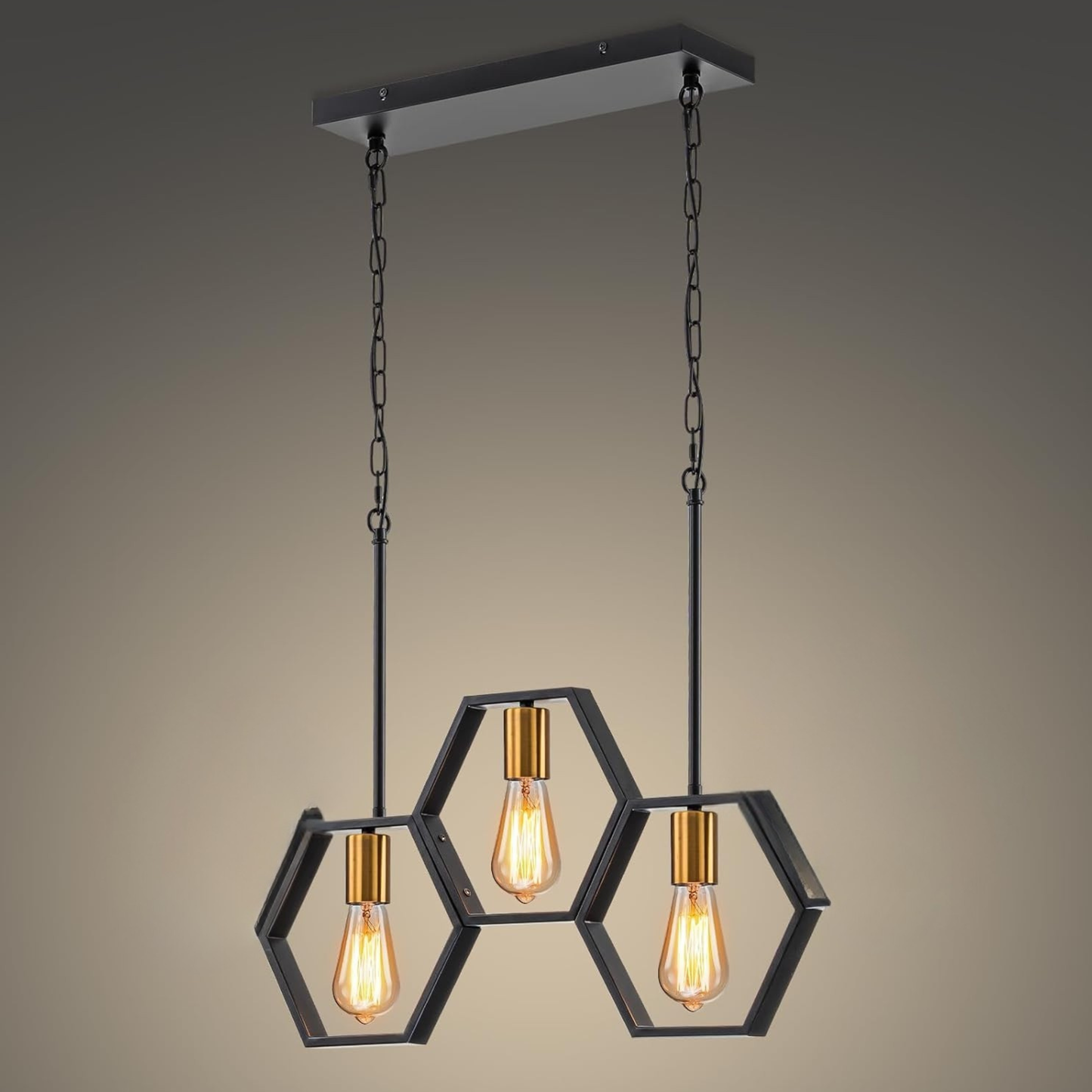 Modern pendant light with hexagonal design and three lit bulbs on a gradient background