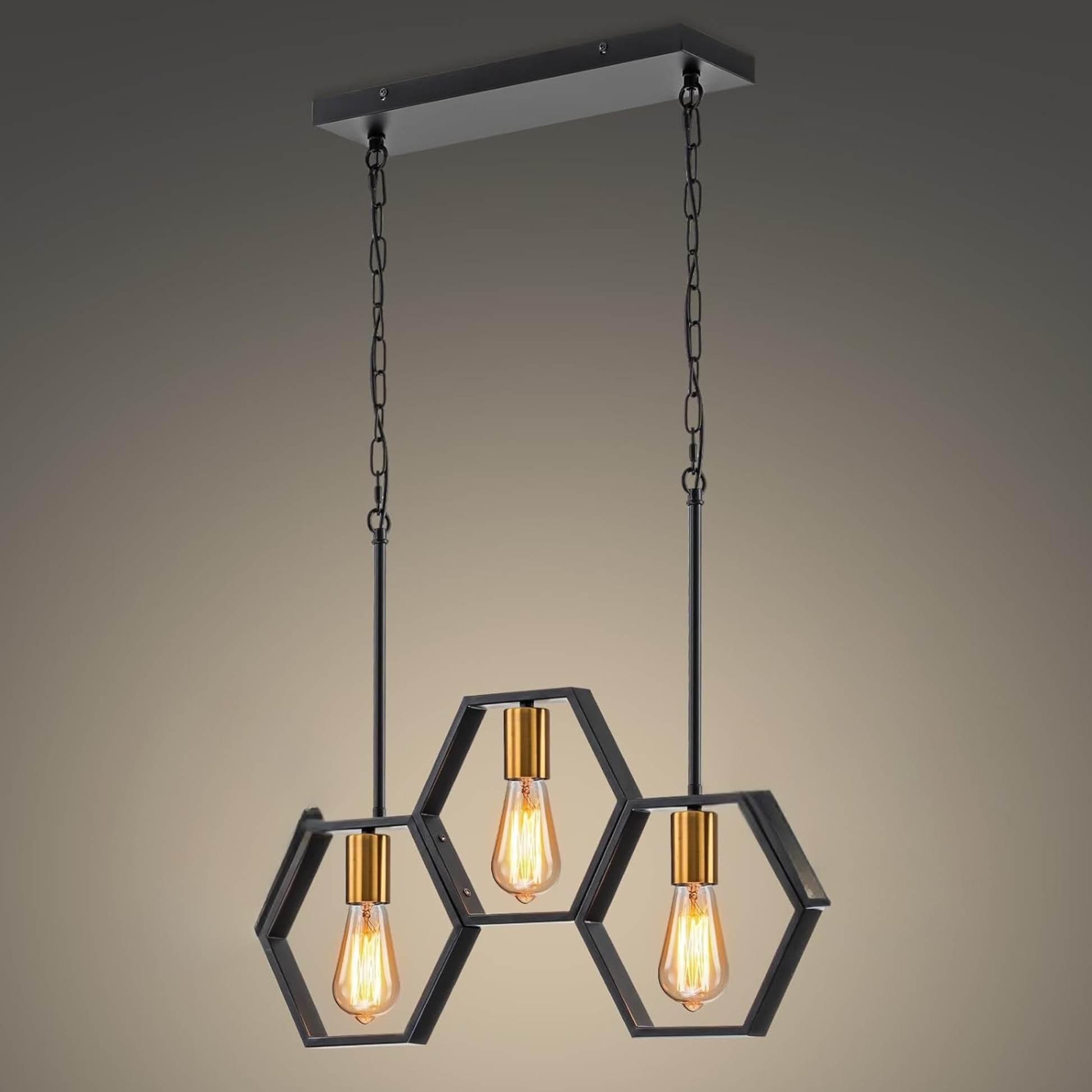 Modern pendant light with hexagonal design and three lit bulbs on a gradient background