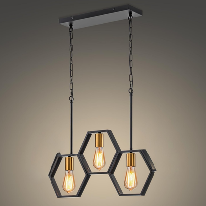 Modern pendant light with hexagonal design and three lit bulbs on a gradient background