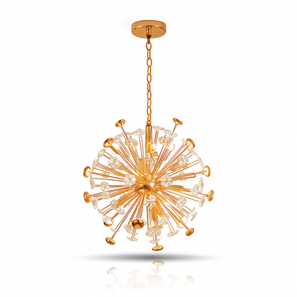 Gold chandelier with a starburst design on a white background
