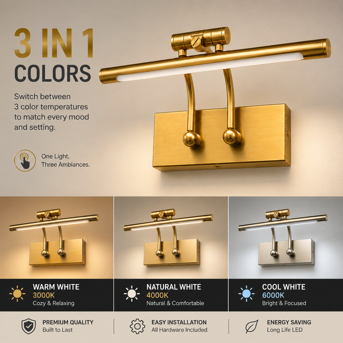 Golden LED Vanity Mirror Light | 3-in-1 Colour Temperature 3000K 4000K 6500K | Adjustable Angle Picture Wall Light