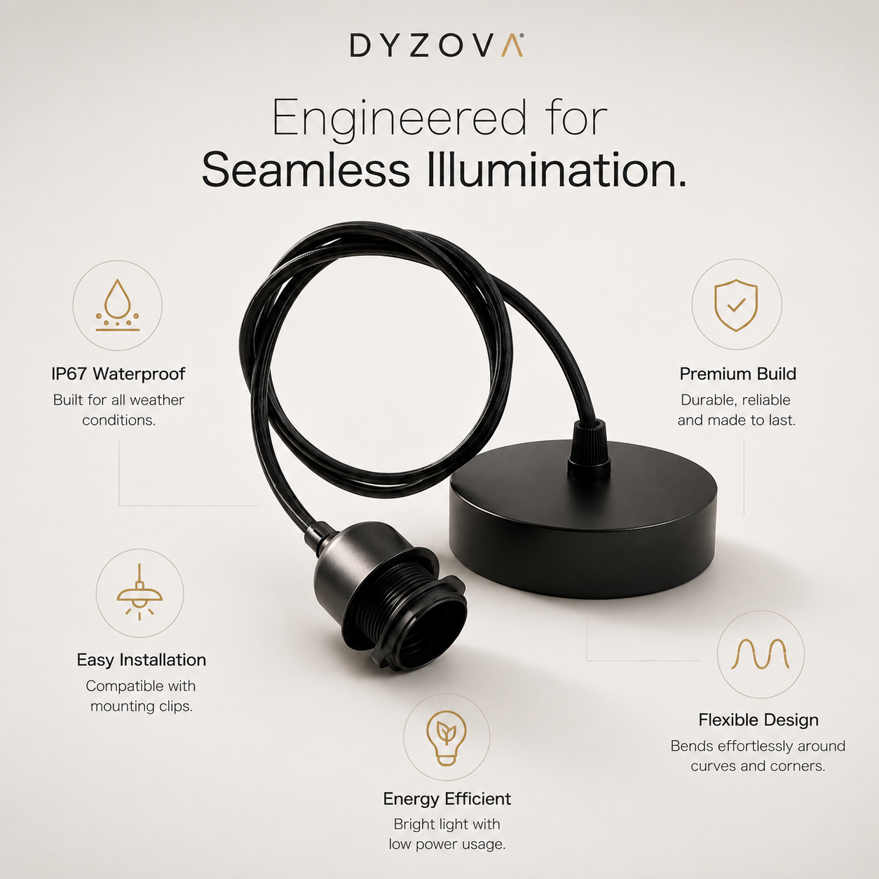 A black cylindrical underwater or aquarium light with a coiled cable and round base, shown on a light gray background with feature callouts including IP67 waterproof, premium build, easy installation, flexible design, energy efficient, and seamless illumination compatibility.
