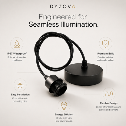 A black cylindrical underwater or aquarium light with a coiled cable and round base, shown on a light gray background with feature callouts including IP67 waterproof, premium build, easy installation, flexible design, energy efficient, and seamless illumination compatibility.