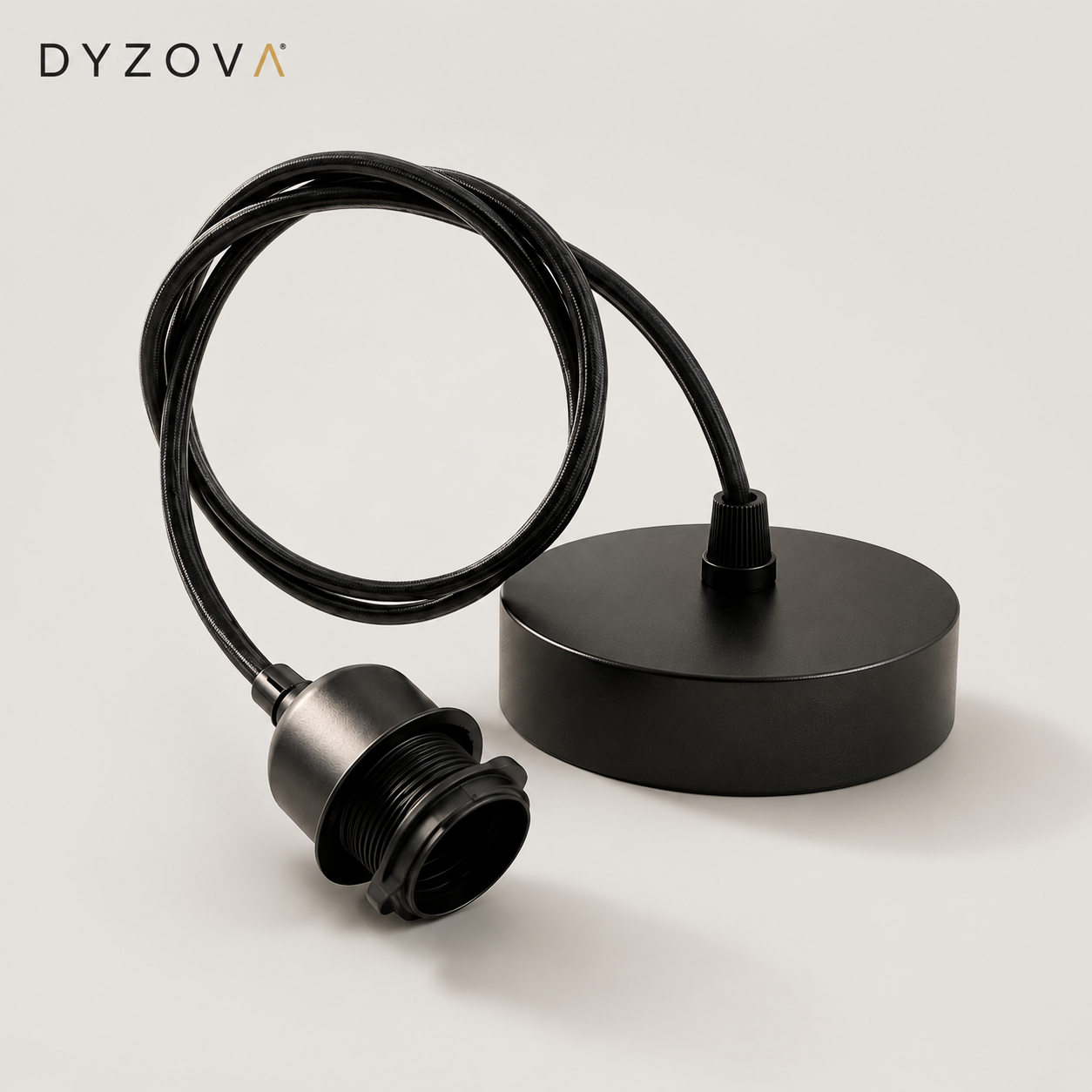 A black electrical cord with a circular base and a threaded connector, shown on a light gray background with the DYZOVA brand logo in the top left corner.