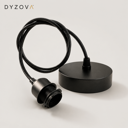 A black electrical cord with a circular base and a threaded connector, shown on a light gray background with the DYZOVA brand logo in the top left corner.
