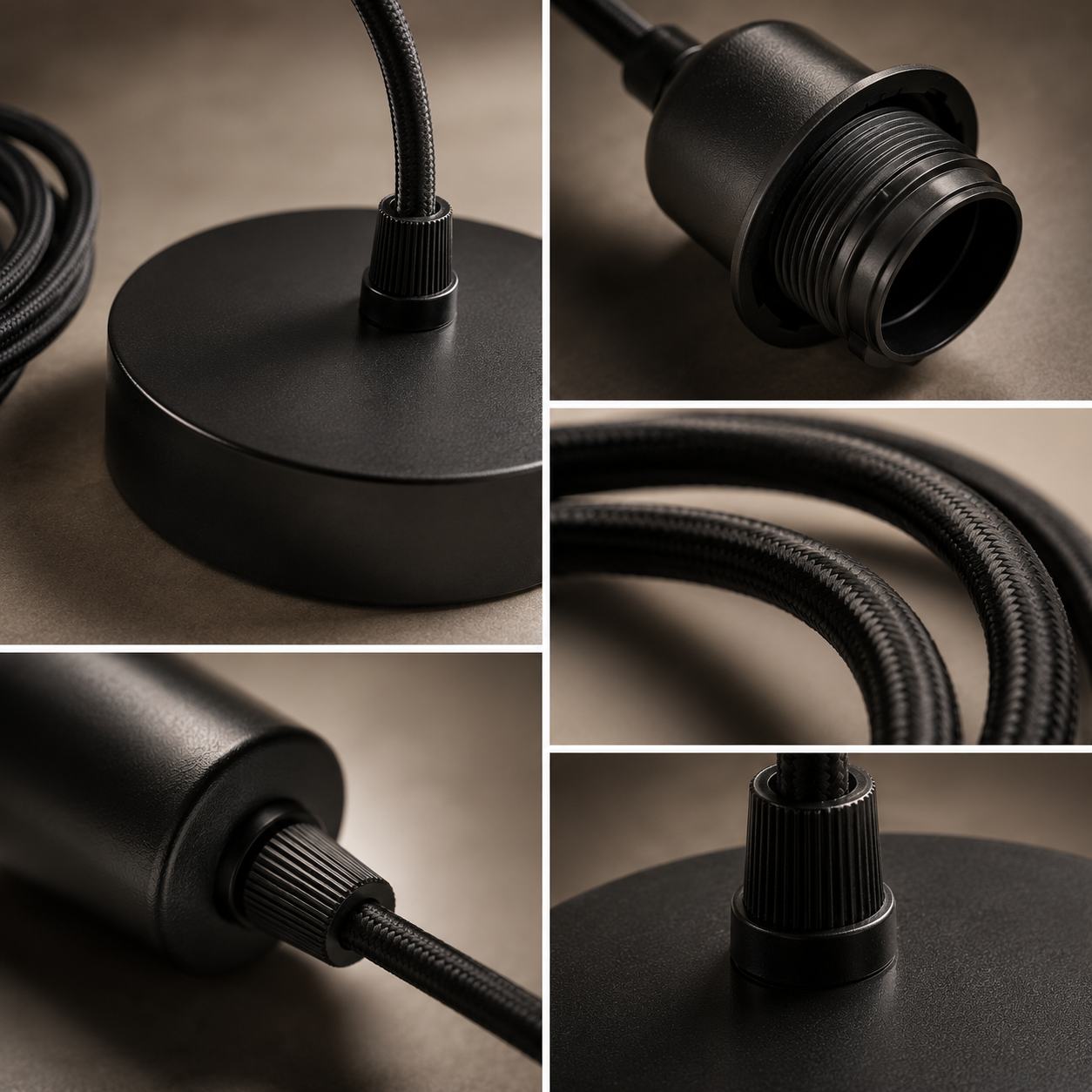 A black flexible lamp cord with a round base and threaded connector, shown in a five-panel collage highlighting the base, cord, and connector details.
