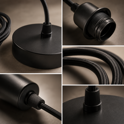 A black flexible lamp cord with a round base and threaded connector, shown in a five-panel collage highlighting the base, cord, and connector details.
