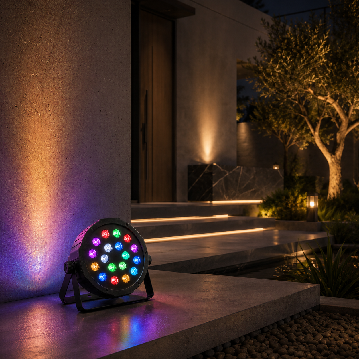 A black multi-color LED party light projector placed on a concrete patio at night, casting colorful light onto a neighboring wall, with a modern house and garden in the background.