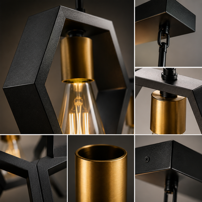 A collage of close-up views showing a modern pendant light fixture with a matte black geometric frame and brushed gold cylindrical metal accents, with an exposed filament light bulb visible.