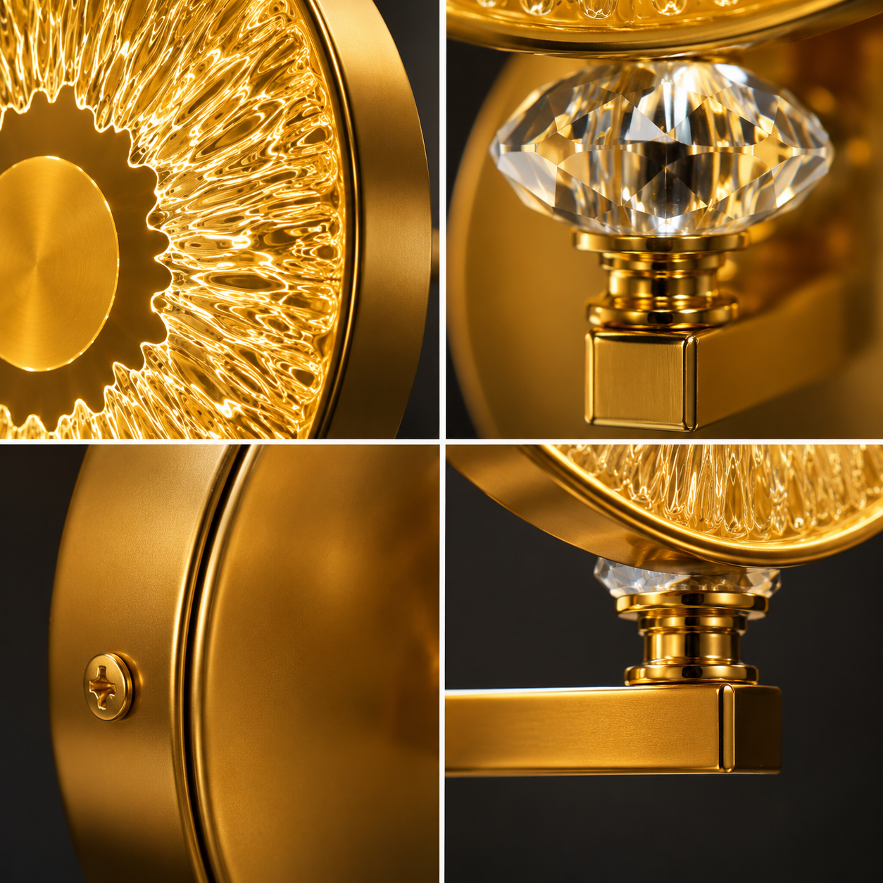 A four-panel close-up collage of a gold wall sconce with a faceted clear crystal globe and a textured gold diffuser, shown against a dark background.
