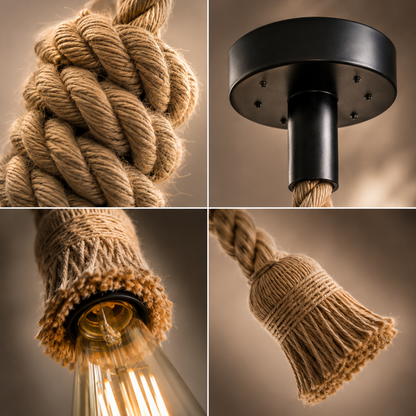 A four-panel close-up collage of a rustic rope pendant light fixture. The panels show detailed views of the thick braided jute rope, a matte black metal ceiling canopy, the rope threaded through the socket with a clear glass bulb, and the frayed tassel end of the rope.