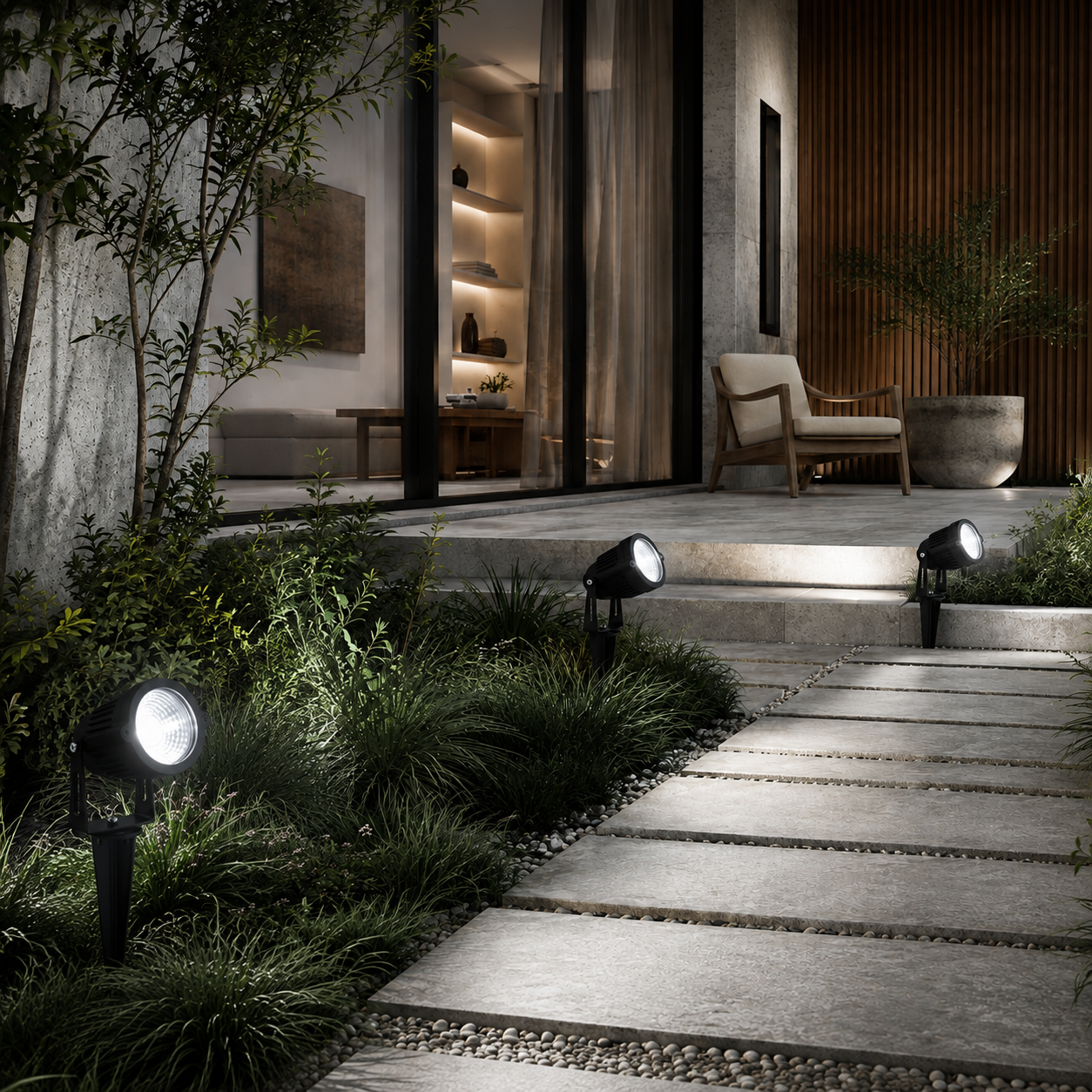 Outdoor landscape lighting fixtures illuminating a modern stone walkway, garden beds, and a raised patio at night, with a lit interior visible in the background.