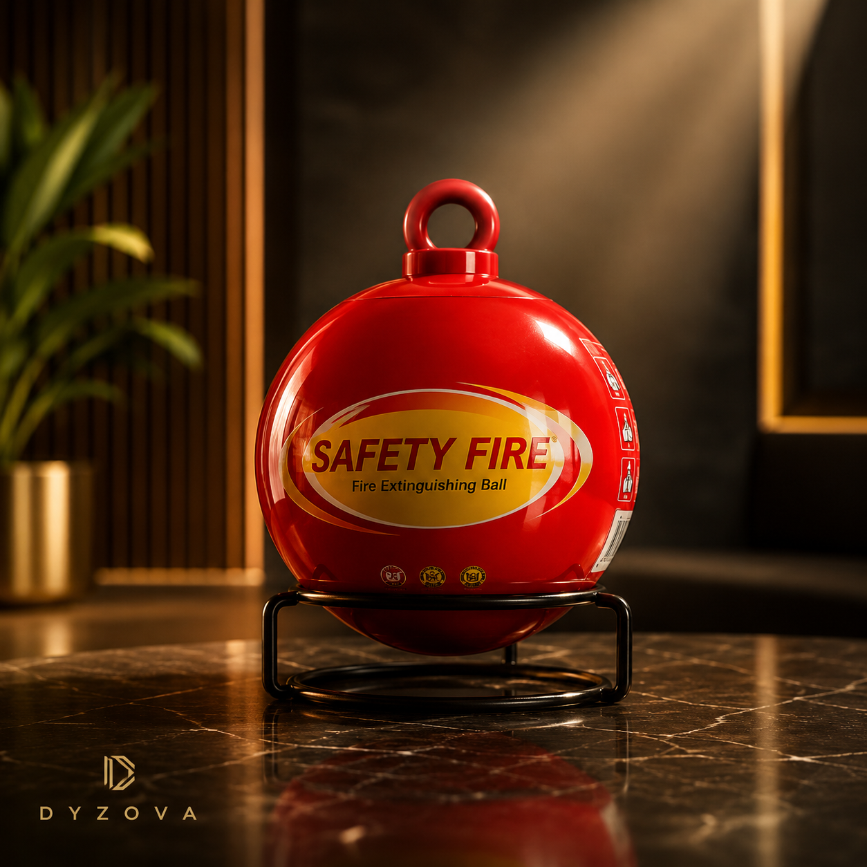 A glossy red spherical fire extinguishing ball displayed on a black metal stand, with a label reading 'SAFETY FIRE Fire Extinguishing Ball,' set on a dark marble surface in an indoor setting.