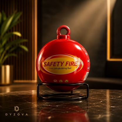 A glossy red spherical fire extinguishing ball displayed on a black metal stand, with a label reading 'SAFETY FIRE Fire Extinguishing Ball,' set on a dark marble surface in an indoor setting.