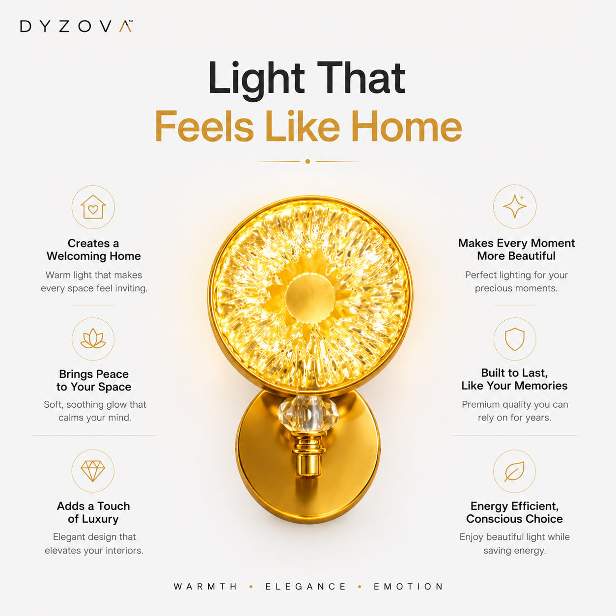 A gold wall-mounted light fixture with a textured, crystal-like circular shade and a clear crystal accent, presented on a light beige background with marketing text and icons from the brand DYZOVA.
