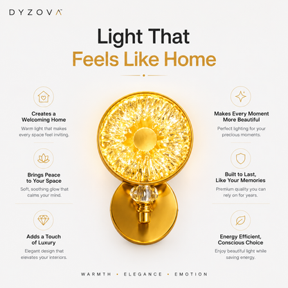 A gold wall-mounted light fixture with a textured, crystal-like circular shade and a clear crystal accent, presented on a light beige background with marketing text and icons from the brand DYZOVA.