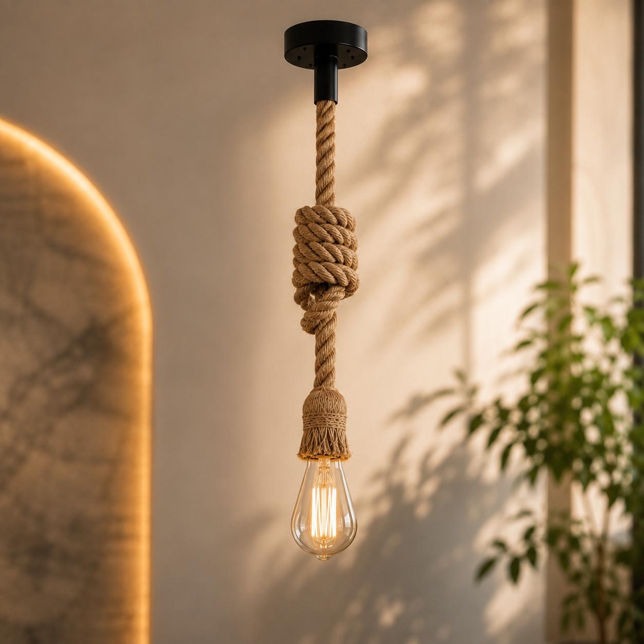 A hanging pendant light with a thick natural rope wrapped cord and a clear Edison-style bulb, shown in a warm indoor setting with sunlight and shadows.