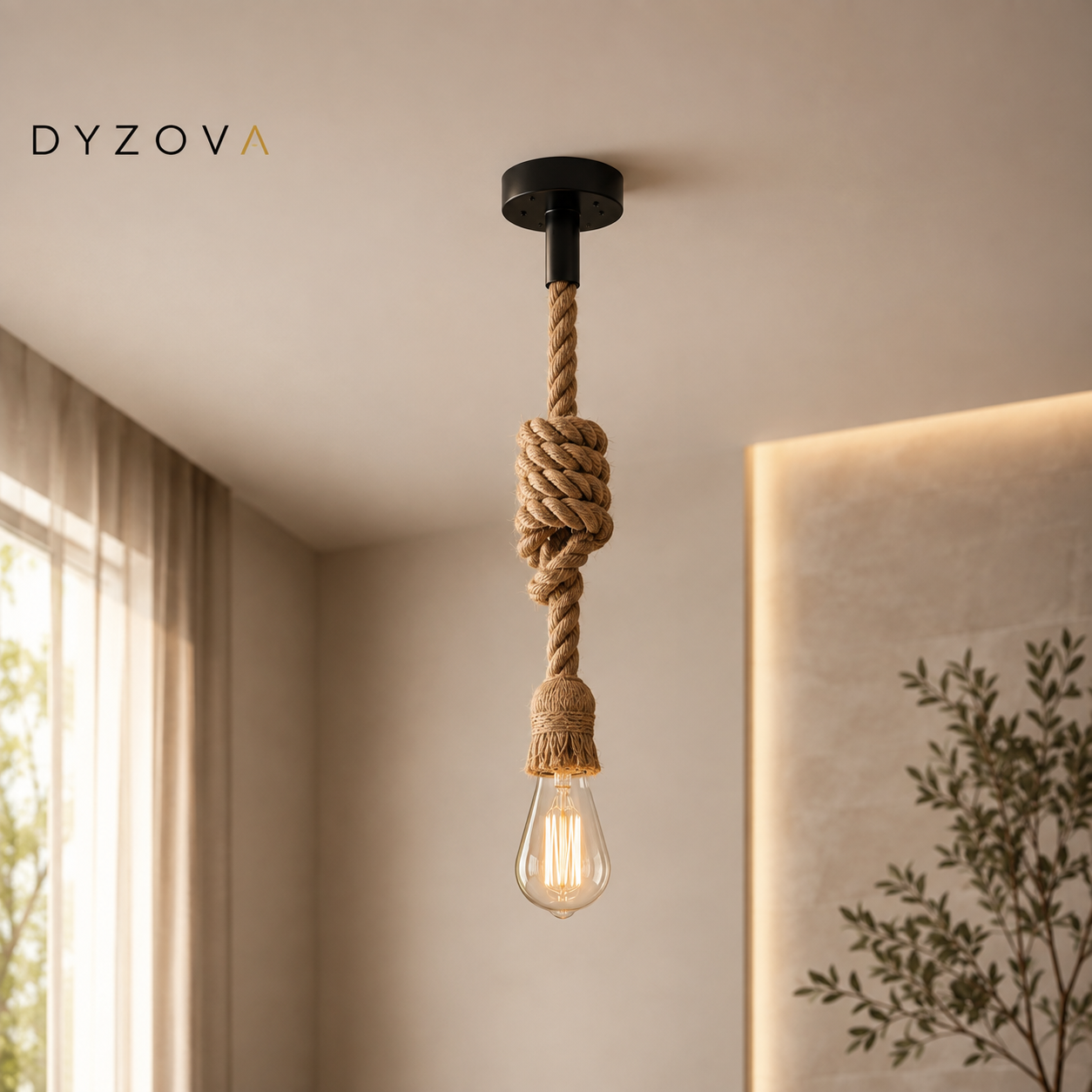 A hanging pendant light with a thick natural rope wrapped cord and a clear Edison-style bulb, shown installed in a warm indoor room setting. The brand name DYZOVA appears in the upper left.