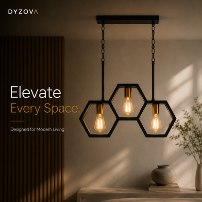 A modern three-light hexagonal pendant chandelier with black metal frames and warm glowing Edison bulbs, shown hanging in a styled interior room. The brand name DYZOVA appears in the top left, with marketing text 'Elevate Every Space' on the left side.