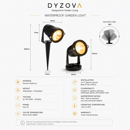 A product infographic for a Dyzova waterproof garden light, showing two views of the black stake-mounted light with glowing warm yellow bulbs, dimensions, icons, and feature details on a light gray background.