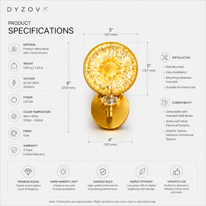 A product specification infographic for a DzyoVa crystal Accents wall light. The image features a central diagram of the gold-finished metal socket and clear crystal globe, complete with dimension labels (5" diameter, 8" height, 4" base).