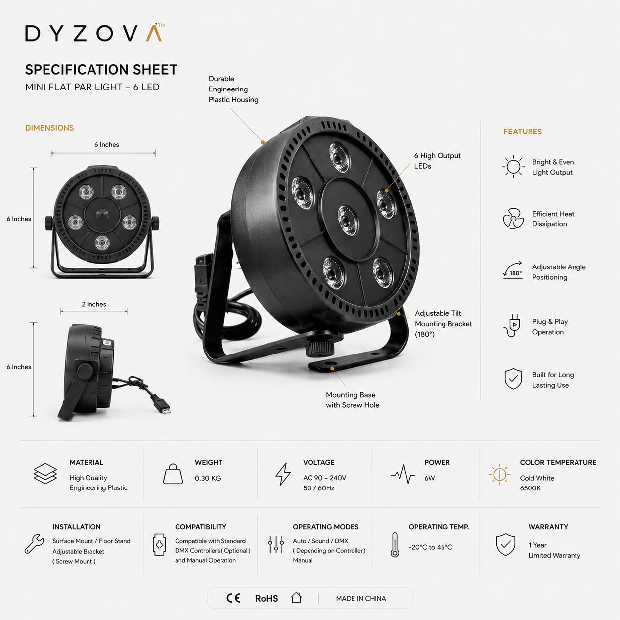 A product specification sheet for the DYZOVA Mini Flat Par Light - 6 LED, showing the product from multiple angles with dimensions, features, and technical specifications on a white background.