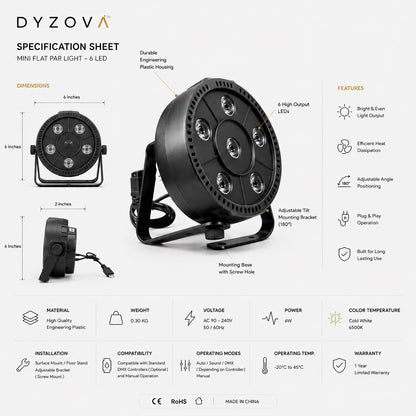 A product specification sheet for the DYZOVA Mini Flat Par Light - 6 LED, showing the product from multiple angles with dimensions, features, and technical specifications on a white background.