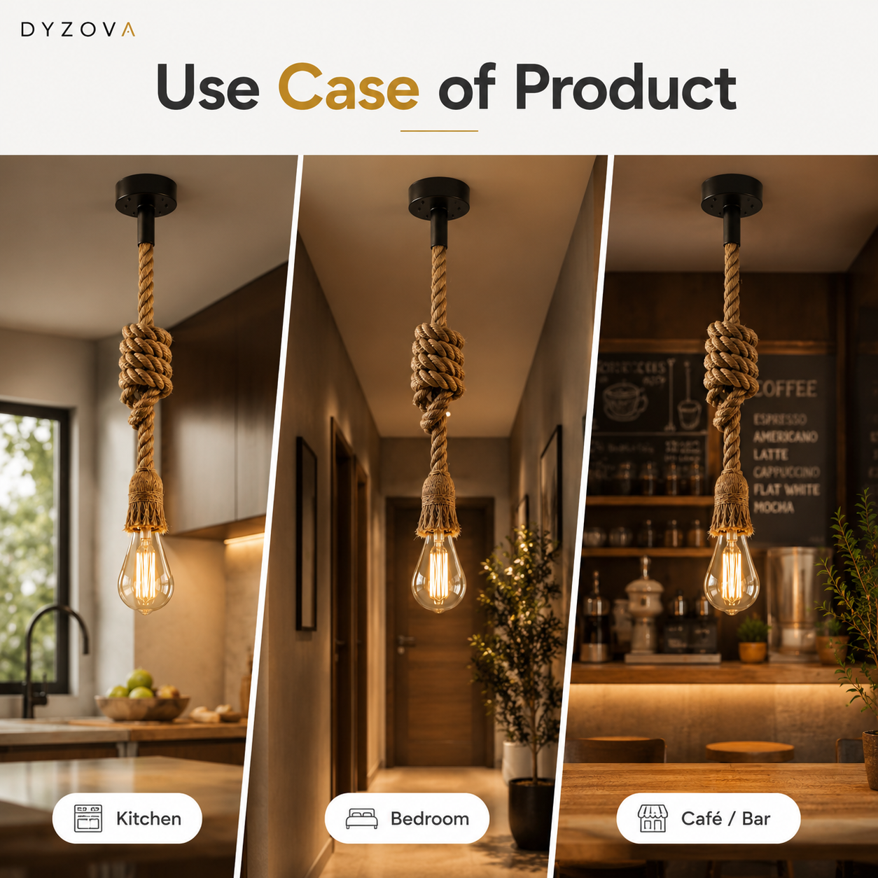 A promotional collage showing a rope pendant light in three real interior settings: a kitchen, a bedroom, and a café/bar. The image includes the text 'Use Case of Product' and labels 'Kitchen,' 'Bedroom,' and 'Café / Bar.
