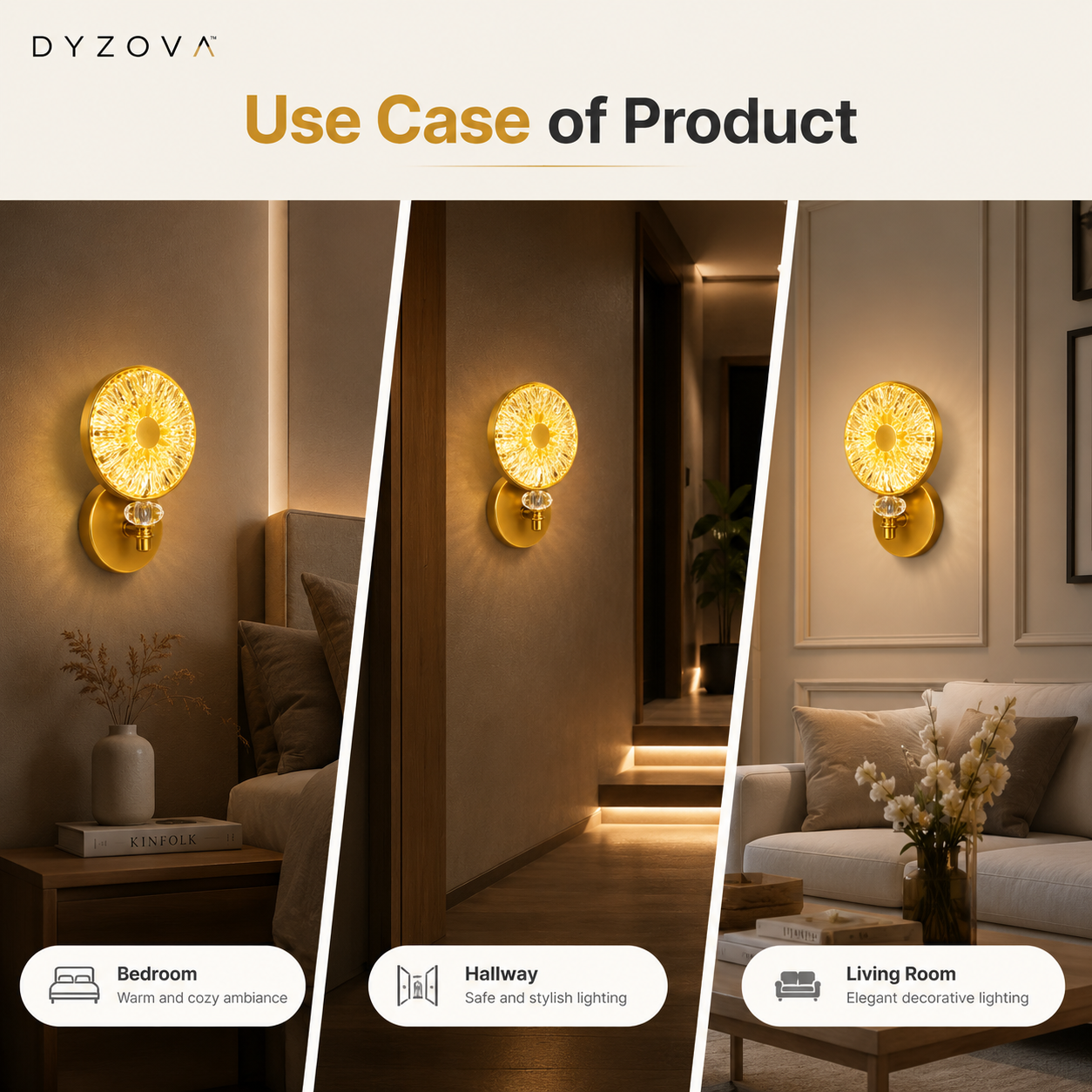 A promotional collage showing a wall sconce in three real interior settings: a bedroom, a hallway, and a living room. The product is a round gold wall light with a glowing circular crystal-like top and a small hanging crystal accent.