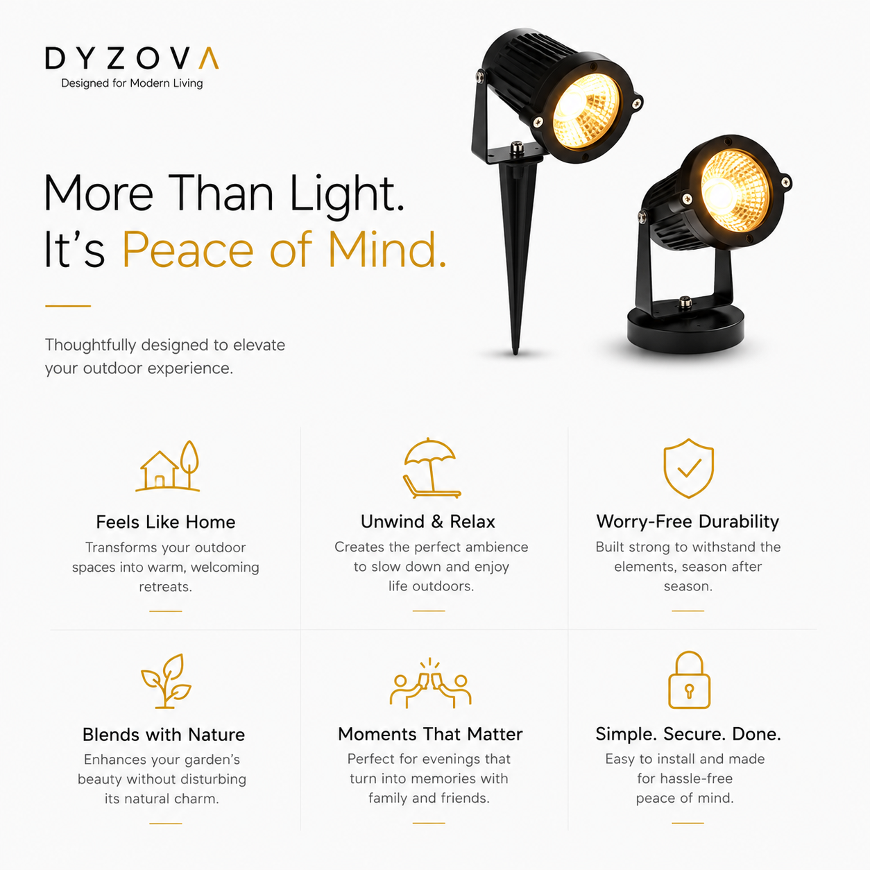A promotional graphic for DYZOVA outdoor landscape lights, featuring two black spotlight heads with warm yellow illuminated lenses on a white background, alongside marketing text and six feature icons.