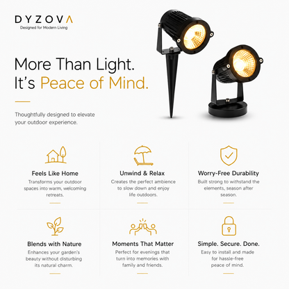 A promotional graphic for DYZOVA outdoor landscape lights, featuring two black spotlight heads with warm yellow illuminated lenses on a white background, alongside marketing text and six feature icons.