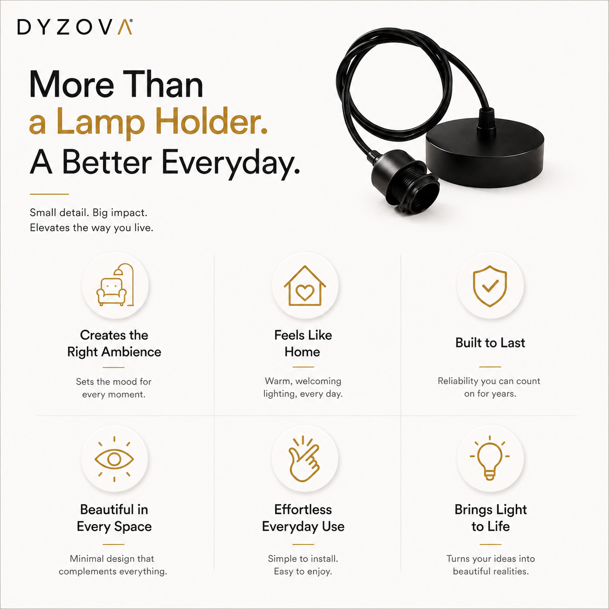 A promotional graphic for the DYZOVA lamp holder, showing a black cylindrical lamp holder with a coiled cord on a white background, alongside marketing text and six feature icons.