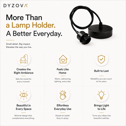 A promotional graphic for the DYZOVA lamp holder, showing a black cylindrical lamp holder with a coiled cord on a white background, alongside marketing text and six feature icons.