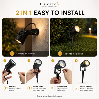 A promotional infographic for a DYZOVA 2-in-1 wall and ground stake light, showing two large panels with mounted and ground-staked views, plus four smaller step panels illustrating installation. The top text reads '2 IN 1 EASY TO INSTALL' and the brand 'DYZOVA' appears at the top.
