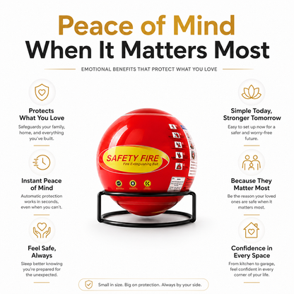 A red fire alarm helmet displayed on a black stand against a white infographic background with the headline 'Peace of Mind When It Matters Most' and feature callouts around the product.