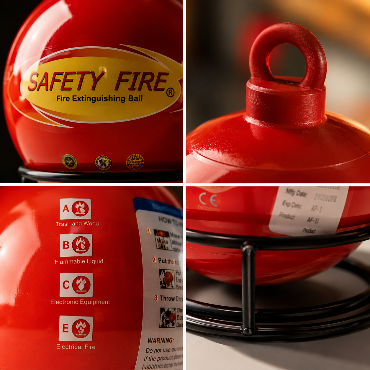A red fire extinguishing ball shown in a four-panel collage, featuring the yellow 'SAFETY FIRE' label, the top lifting loop, the side instruction labels, and a close-up of the black metal stand.