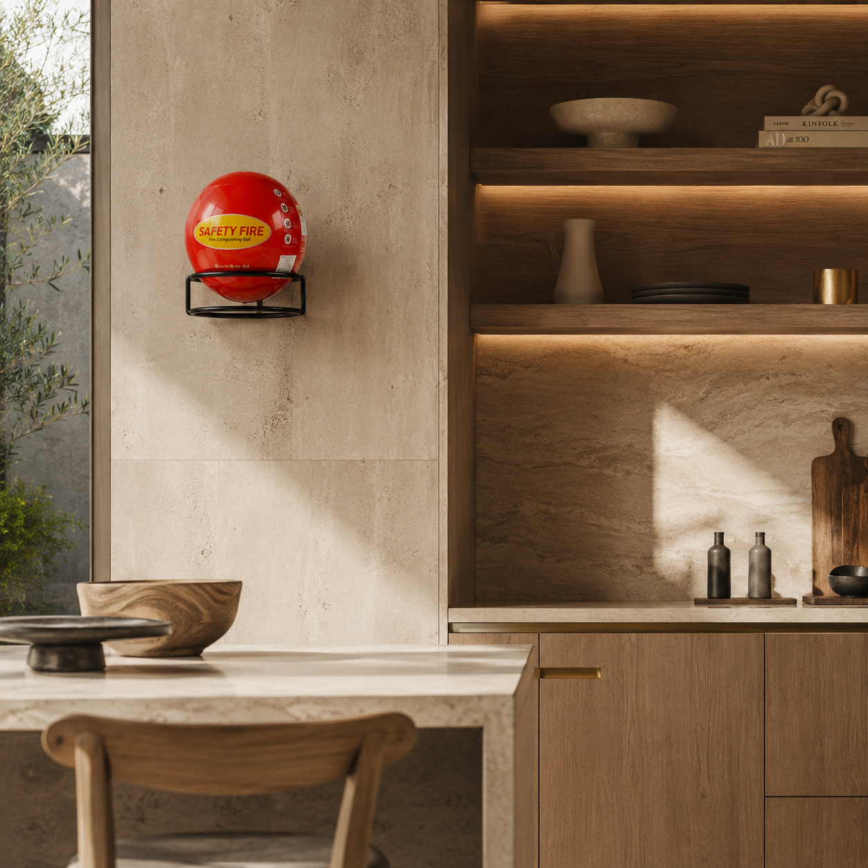 A red spherical wall-mounted display holder with a yellow and white 'Safety Pro' label, mounted on a beige stone wall in a modern, sunlit kitchen setting with wooden cabinetry and shelves.
