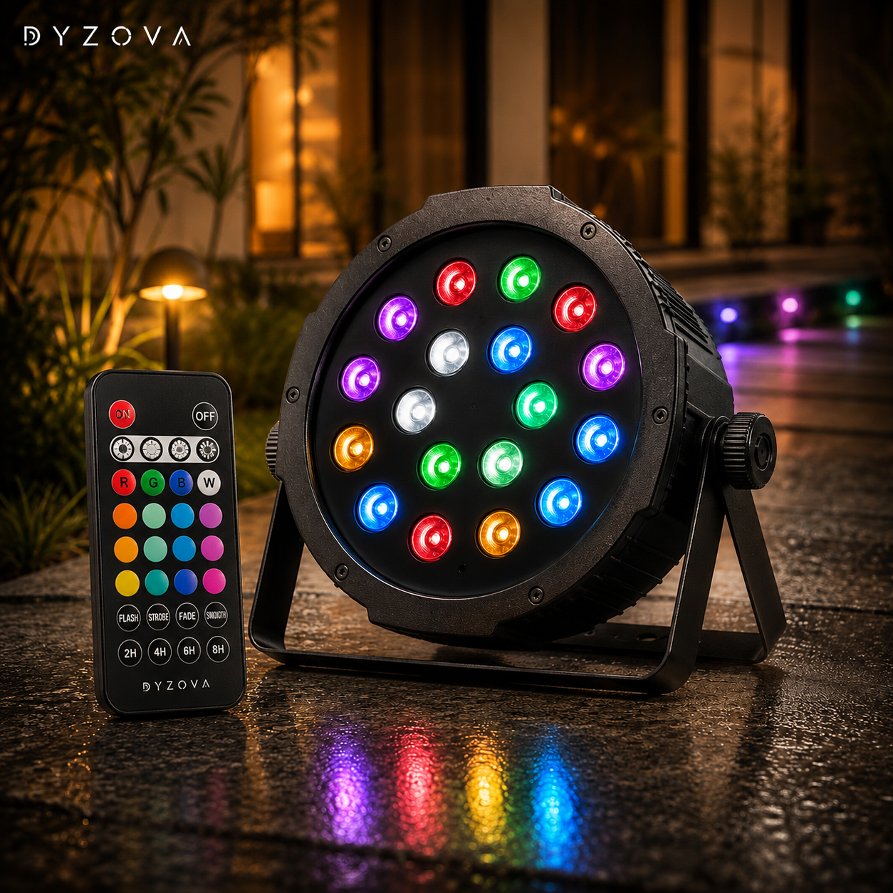 A round black DYZOVA party light projector with multiple colorful LED lights illuminated, shown on a wet stone surface outdoors at night, alongside its matching remote control.