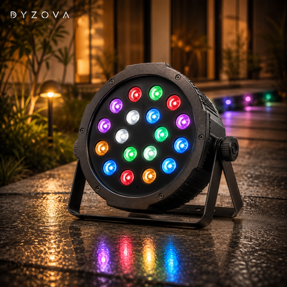 A round black party light stage fixture with multiple colorful LED lights, shown outdoors on a wet stone surface at night with reflections and blurred background lights. The brand name DYZOVA is visible in the top left corner.