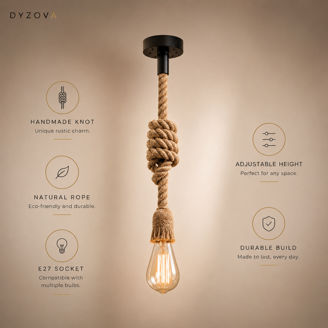 A rustic industrial-style pendant light with a thick knotted natural rope and an exposed Edison bulb, shown against a warm beige background with feature callouts.