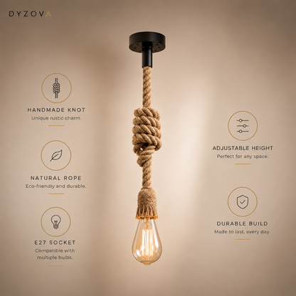 A rustic industrial-style pendant light with a thick knotted natural rope and an exposed Edison bulb, shown against a warm beige background with feature callouts.