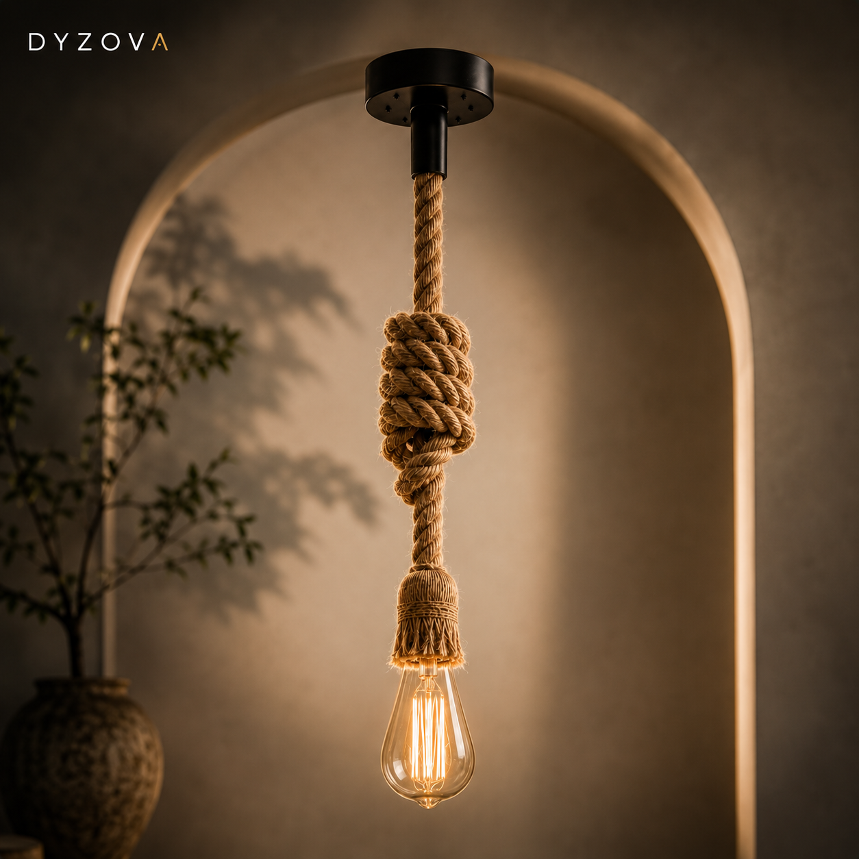A rustic industrial-style pendant light with a thick natural jute rope wrapped around a black metal ceiling mount and a warm glowing Edison bulb, set against a warm-toned arched background.