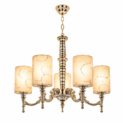 A six-light brass chandelier with decorative scrollwork and cylindrical glass shades featuring a delicate gold leaf pattern, shown against a solid white background.