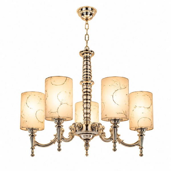 A six-light brass chandelier with decorative scrollwork and cylindrical glass shades featuring a delicate gold leaf pattern, shown against a solid white background.